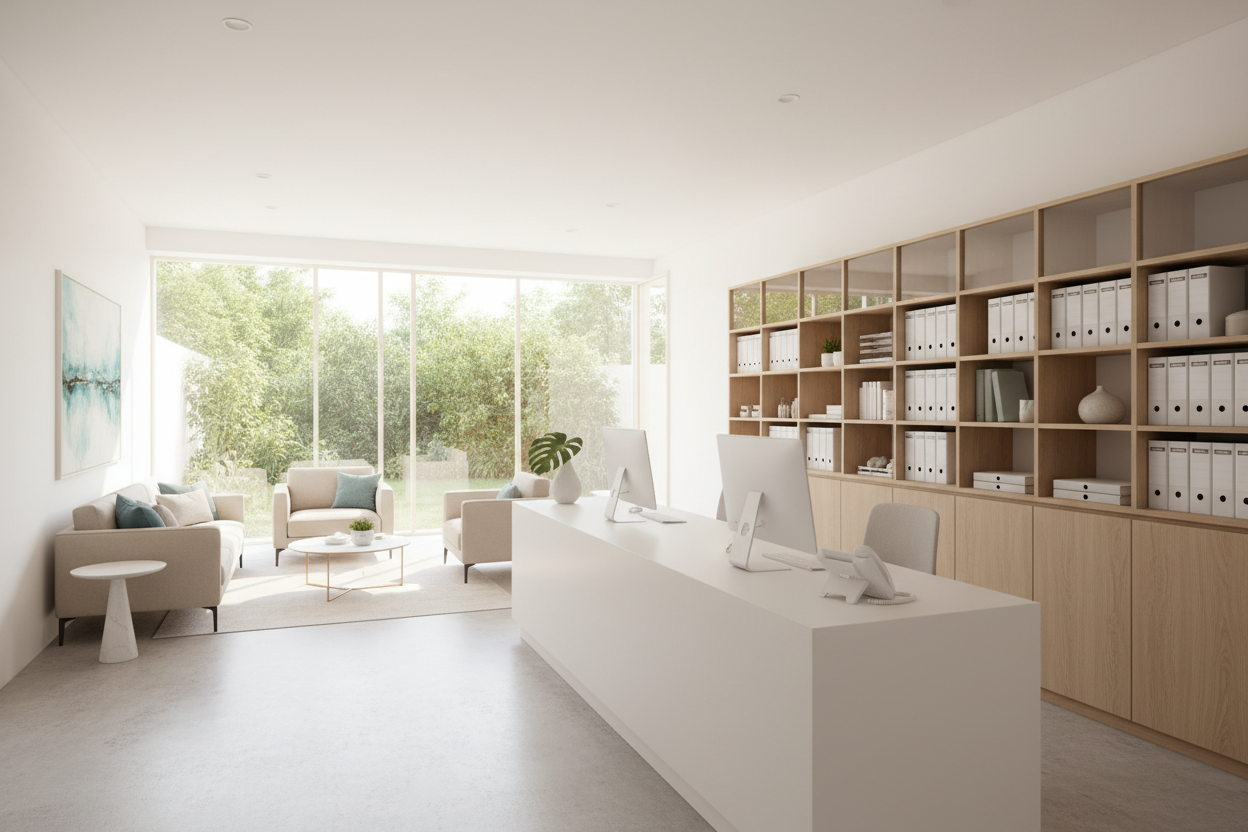 Arztpraxis, Physio Praxis heller und schöner Empfang, Ordner sauber in Regalen, 2-3 PCs, Telefon, sauber und ordentlich