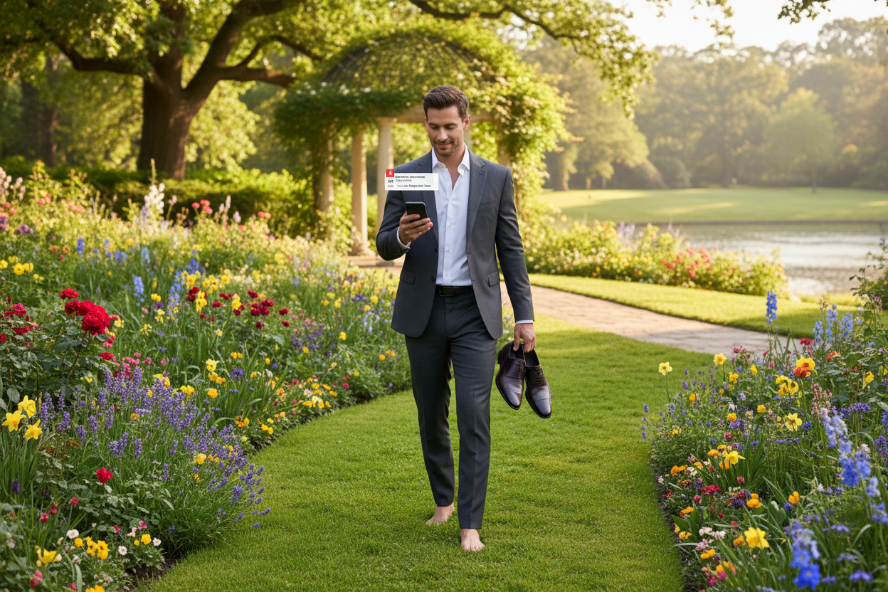 gestalte mir bitte einen Business Mann in einem wunderschönen Garten, der barfuss über die Wiese läuft und auf seinem Handy Dashboard Nachricht von Prime Office Solutions erhält