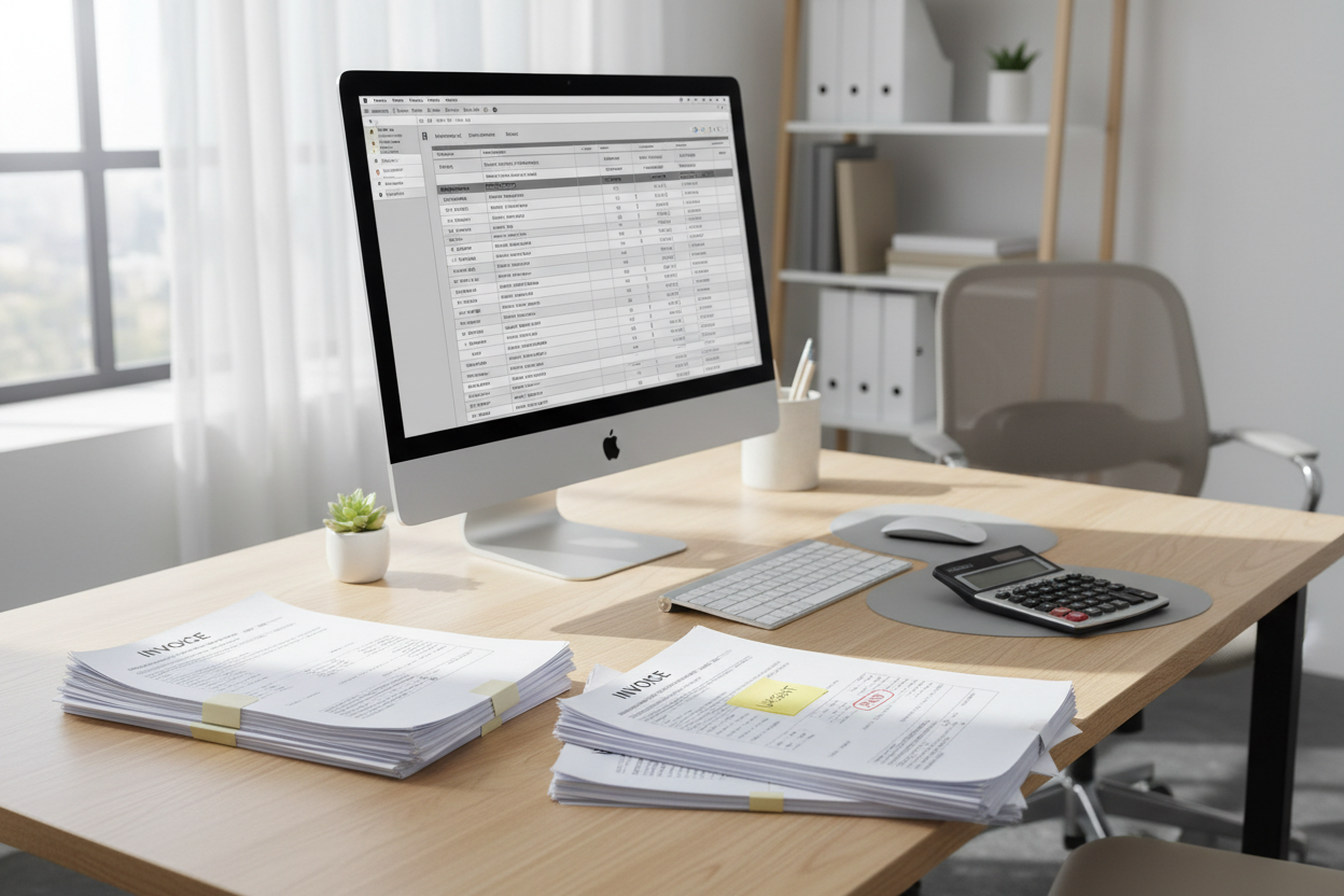 heller Schreibtisch mit PC, Taschenrechner, und Rechnungen sortiert und sauber geordnet. Man sollte aber sehen, dass es Rechnungen sind