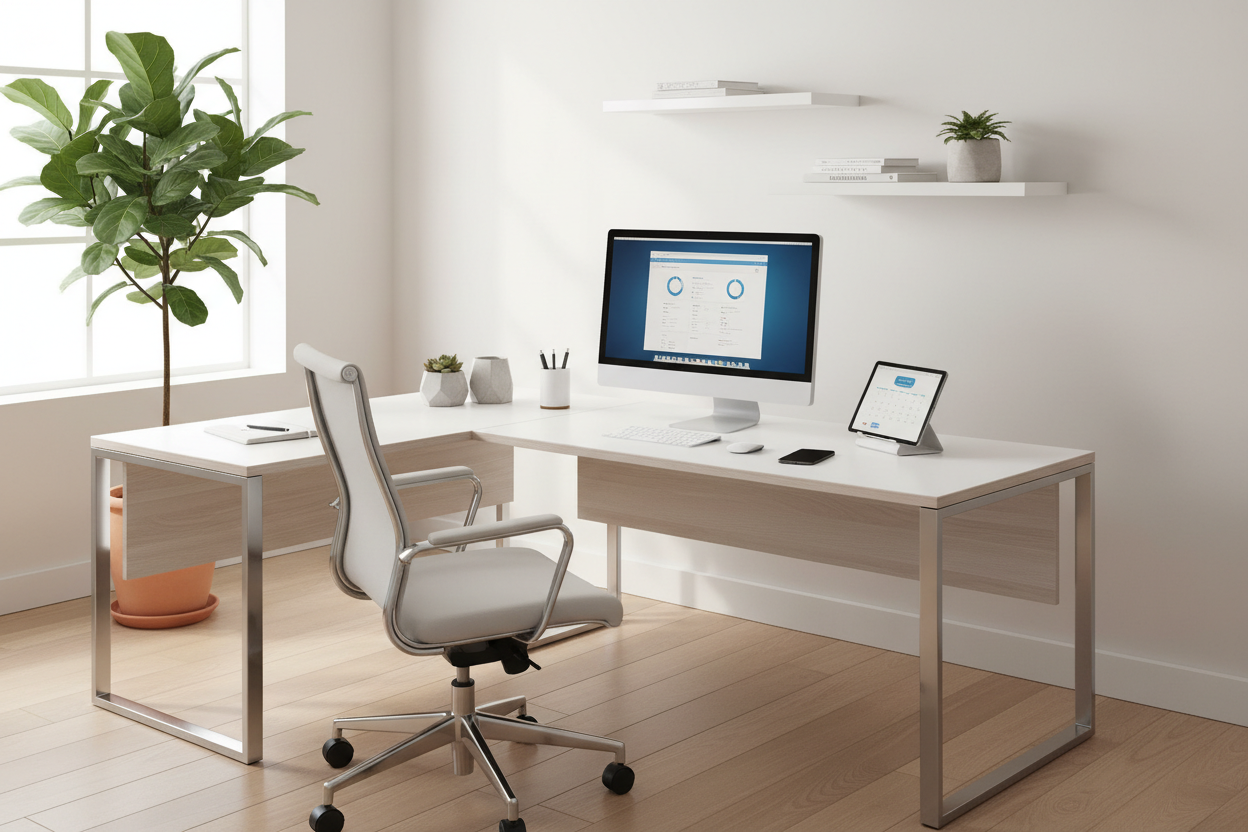 helles aufgeräumtes Büro mit PC, Tablet, Handy, etc