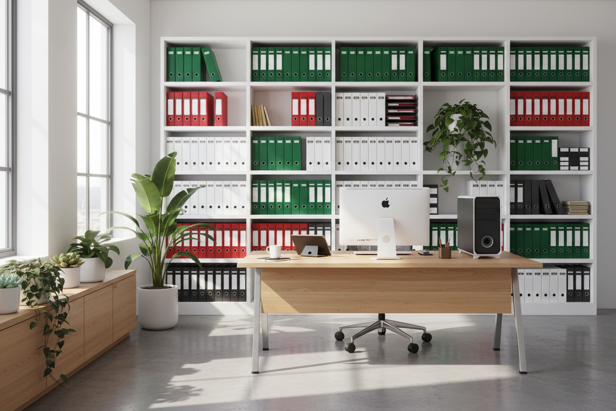 helles Büro mit Ordnern sauber sortiert in den Farben rot, grün, weiss und schwarz. Mit Pflanzen und einer gemütlichen Stimmung, Schreibtisch mit PC, Tablet, Handy 