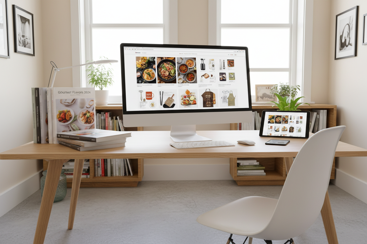 helles kleines Büro mit Schreibtisch und Katalogen, der Bildschirm zeigt einen Katalog geöffnet mit Rezepten, Waren etc