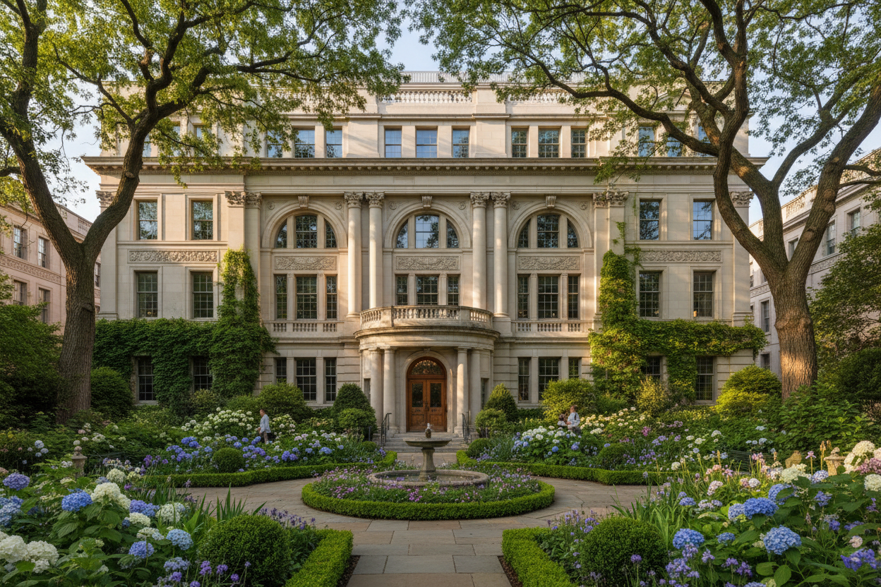 schönes Bürogebäude im alten Stil, mit Pflanzen, Bäumen, einem Garten
