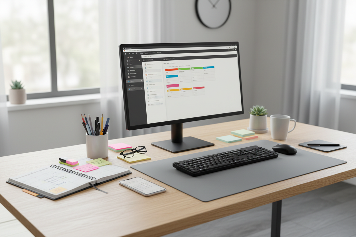 Schreibtisch mit Terminkalender, Handy, PC, Terminen usw.